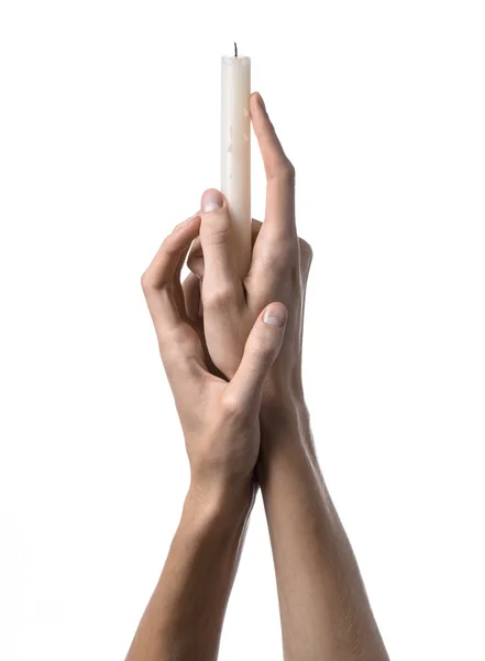 Mãos segurando uma vela, uma vela é acesa, fundo branco, solidão, calor, no escuro, Mãos morte, mãos bruxa — Fotografia de Stock