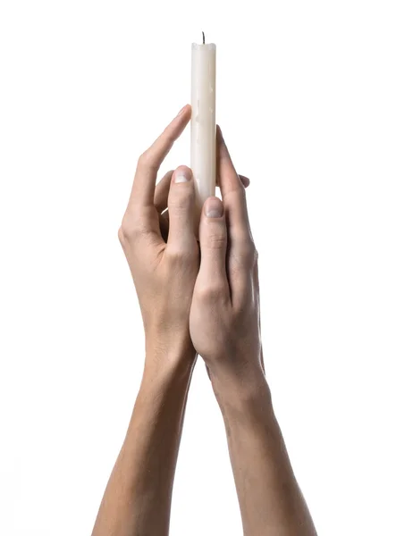 Mãos segurando uma vela, uma vela é acesa, fundo branco, solidão, calor, no escuro, Mãos morte, mãos bruxa — Fotografia de Stock