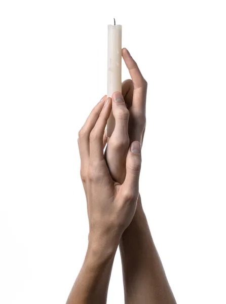 Hands holding a candle, a candle is lit, white background, solitude, warmth, in the dark, Hands death, hands witch — Stock Photo, Image