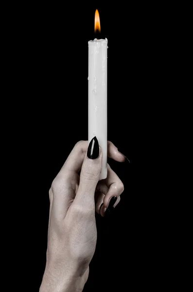 Hands holding a candle, a candle is lit, black background, solitude, warmth, in the dark, Hands death, hands witch — Stock Photo, Image