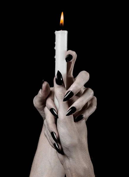 Hands holding a candle, a candle is lit, black background, solitude, warmth, in the dark, Hands death, hands witch — Stock Photo, Image