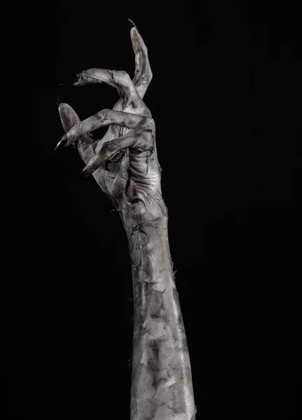 Negro mano de la muerte, los muertos vivientes, tema zombie, tema de halloween, manos zombies, fondo negro, aislado, mano de la muerte, manos de momia, las manos del diablo, uñas negras, manos monstruo — Foto de Stock