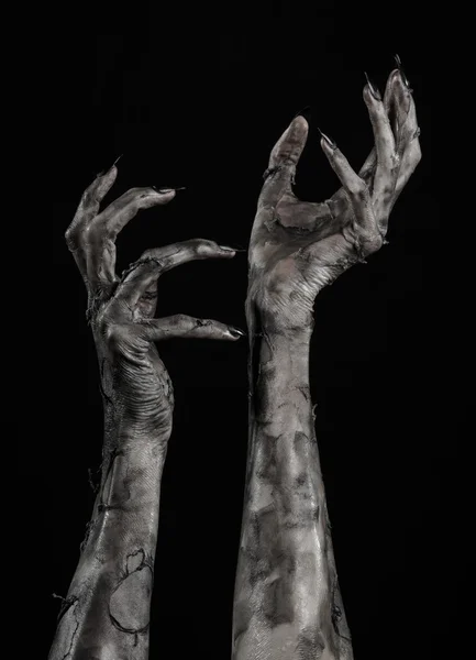 Černá ruka smrti, Chodící mrtvoly, zombie téma, téma halloween, zombie ruce, černé pozadí, izolované, ruka smrti, mumie rukou, rukou ďábla, černé nehty, ruce monstrum — Stock fotografie