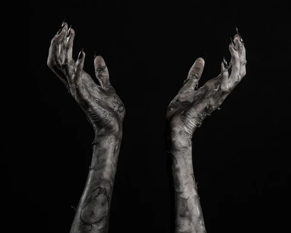 Mão negra da morte, os mortos-vivos, tema zumbi, tema do dia das bruxas, mãos zumbi, fundo preto, isolado, mão da morte, mãos múmias, as mãos do diabo, unhas pretas, monstro mãos — Fotografia de Stock