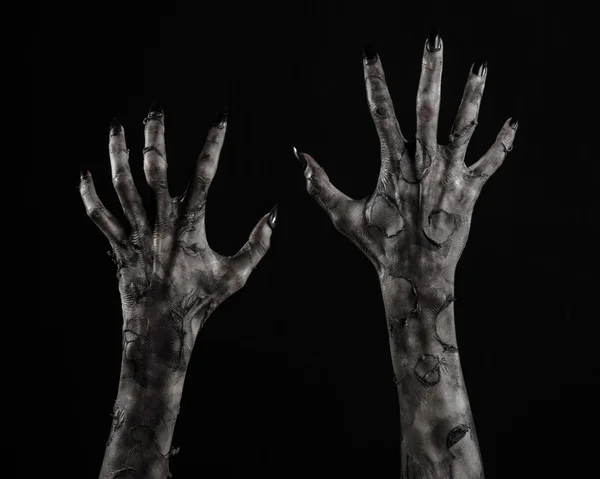 Schwarze Hand des Todes, die wandelnden Toten, Zombie-Thema, Halloween-Thema, Zombie-Hände, schwarzer Hintergrund, isoliert, Hand des Todes, Mumienhände, die Hände des Teufels, schwarze Nägel, Hände Monster — Stockfoto