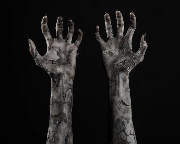 Black hand of death, the walking dead, zombie theme, halloween theme, zombie hands, black background, isolated, hand of death, mummy hands, the hands of the devil, black nails, hands monster — Stock Photo, Image