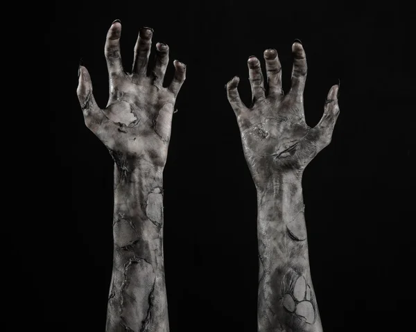 Mano nera della morte, i morti viventi, tema zombie, tema Halloween, mani zombie, sfondo nero, isolato, mano della morte, mani mummia, le mani del diavolo, chiodi neri, mani mostro — Foto Stock