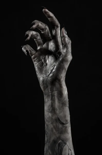 Schwarze Hand des Todes, die wandelnden Toten, Zombie-Thema, Halloween-Thema, Zombie-Hände, schwarzer Hintergrund, isoliert, Hand des Todes, Mumienhände, die Hände des Teufels, schwarze Nägel, Hände Monster — Stockfoto