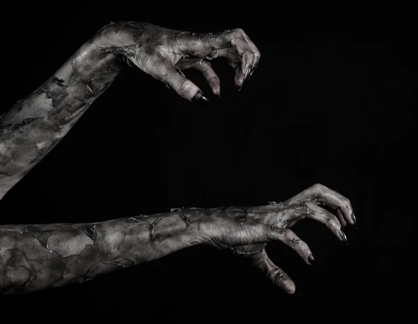 Zwarte hand van de dood, het lopen dood, zombie thema halloween thema, zombie handen, zwarte achtergrond, geïsoleerd, hand van dood, Mama handen, de handen van de duivel, zwarte nagels, handen monster — Stockfoto