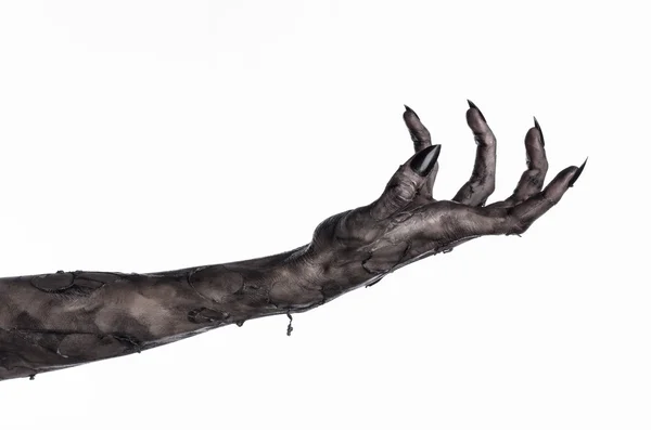 Negro mano de la muerte, los muertos vivientes, tema zombie, tema de halloween, manos zombies, fondo blanco, aislado, mano de la muerte, manos de momia, las manos del diablo, uñas negras, manos monstruo — Foto de Stock