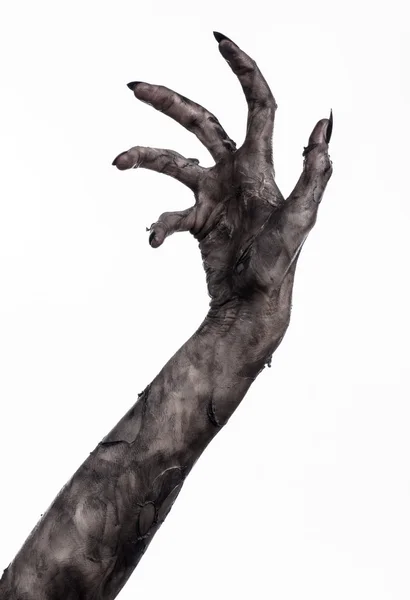 Fekete kéz a halál, a walking dead, halloween témát, zombi kéz, zombi téma, fehér háttér, elszigetelt, halál, múmia kezébe, keze a kezében, az ördög, fekete körmök, kéz monster — Stock Fotó