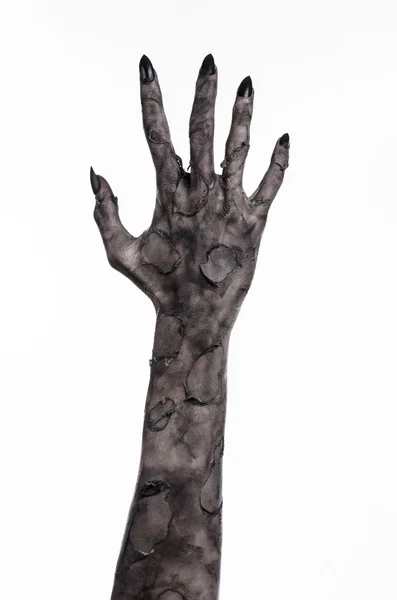 Black hand of death, the walking dead, zombie theme, halloween theme, zombie hands, white background, isolated, hand of death, mummy hands, the hands of the devil, black nails, hands monster — Stock Photo, Image