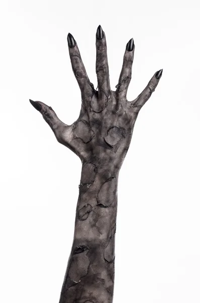ウォーキング ・ デッド、ゾンビのテーマ、ハロウィーンのテーマ、ゾンビの手が、白い背景に、分離、死、ミイラの手の手の死の黒い手黒悪魔の手の爪、モンスターを手 — ストック写真
