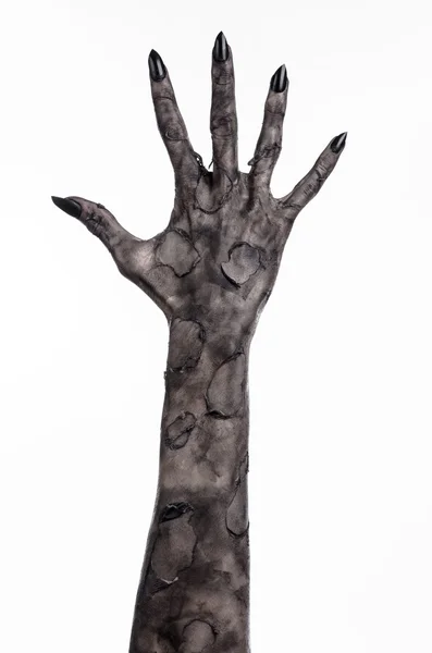 Чорна рука смерті, ходячі мерці, тема зомбі, тема Хеллоуїна, руки зомбі, білий фон, ізольовані, рука смерті, руки мумії, руки диявола, чорні цвяхи, руки монстра — стокове фото