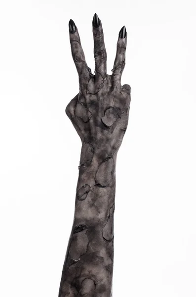 Czarna ręka śmierci, Żywe trupy, zombie tematu, tematu halloween, zombie ręce, białe tło, na białym tle, ręka śmierci, mumia ręce, rękach diabła, czarny paznokcie, ręce potwora — Zdjęcie stockowe