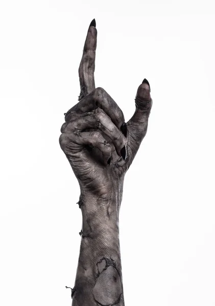 Black hand of death, the walking dead, zombie theme, halloween theme, zombie hands, white background, isolated, hand of death, mummy hands, the hands of the devil, black nails, hands monster — Stock Photo, Image