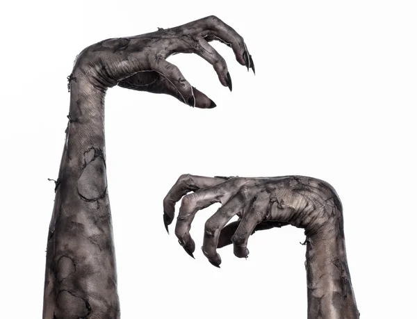 Main noire de la mort, les morts-vivants, thème zombie, thème Halloween, mains zombies, fond blanc, isolé, main de la mort, mains momies, les mains du diable, ongles noirs, monstre mains — Photo