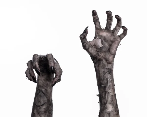 Black hand of death, the walking dead, zombie theme, halloween theme, zombie hands, white background, isolated, hand of death, mummy hands, the hands of the devil, black nails, hands monster — Stock Photo, Image