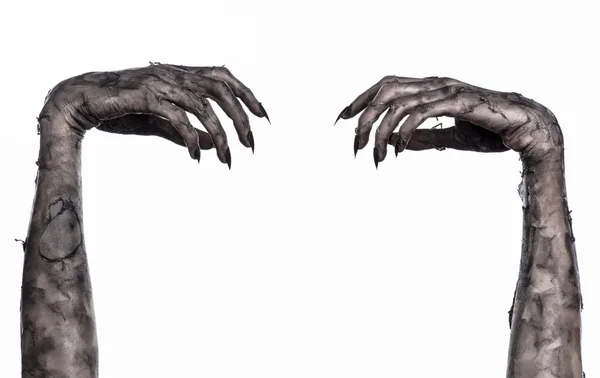 Black hand of death, the walking dead, zombie theme, halloween theme, zombie hands, white background, isolated, hand of death, mummy hands, the hands of the devil, black nails, hands monster — Stock Photo, Image