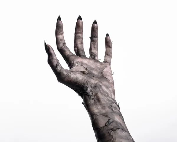 Mano nera della morte, i morti viventi, tema zombie, tema Halloween, mani zombie, sfondo bianco, isolato, mano della morte, mani mummia, le mani del diavolo, chiodi neri, mani mostro — Foto Stock