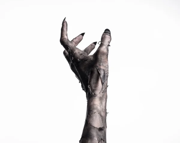 Mano nera della morte, i morti viventi, tema zombie, tema Halloween, mani zombie, sfondo bianco, isolato, mano della morte, mani mummia, le mani del diavolo, chiodi neri, mani mostro — Foto Stock