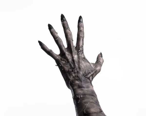 Mano nera della morte, i morti viventi, tema zombie, tema Halloween, mani zombie, sfondo bianco, isolato, mano della morte, mani mummia, le mani del diavolo, chiodi neri, mani mostro — Foto Stock