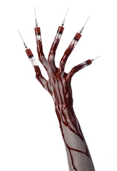 Kanlı el parmakları, ayak parmakları şırınga, el şırınga, korkunç kanlı el, halloween Tema, zombi Doktor, beyaz arka plan, izole şırınga — Stok fotoğraf