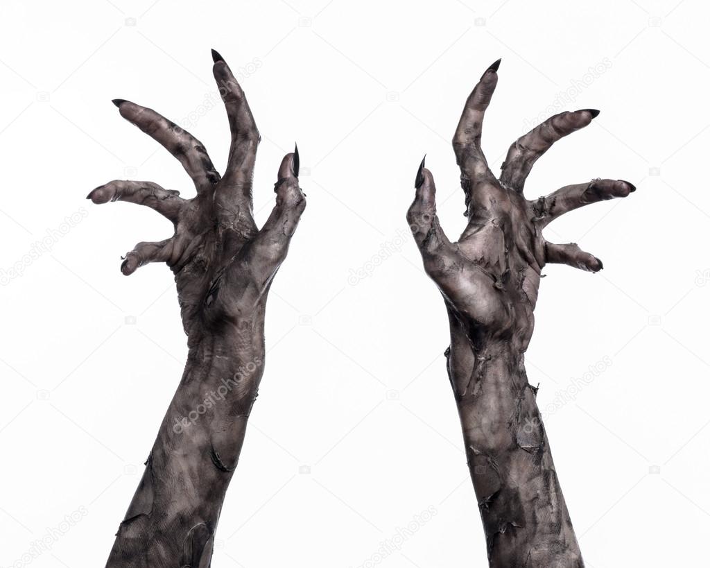 black hand of death, the walking dead, zombie theme, halloween theme, zombie hands, white background, isolated, hand of death, mummy hands, the hands of the devil, black nails, hands monster