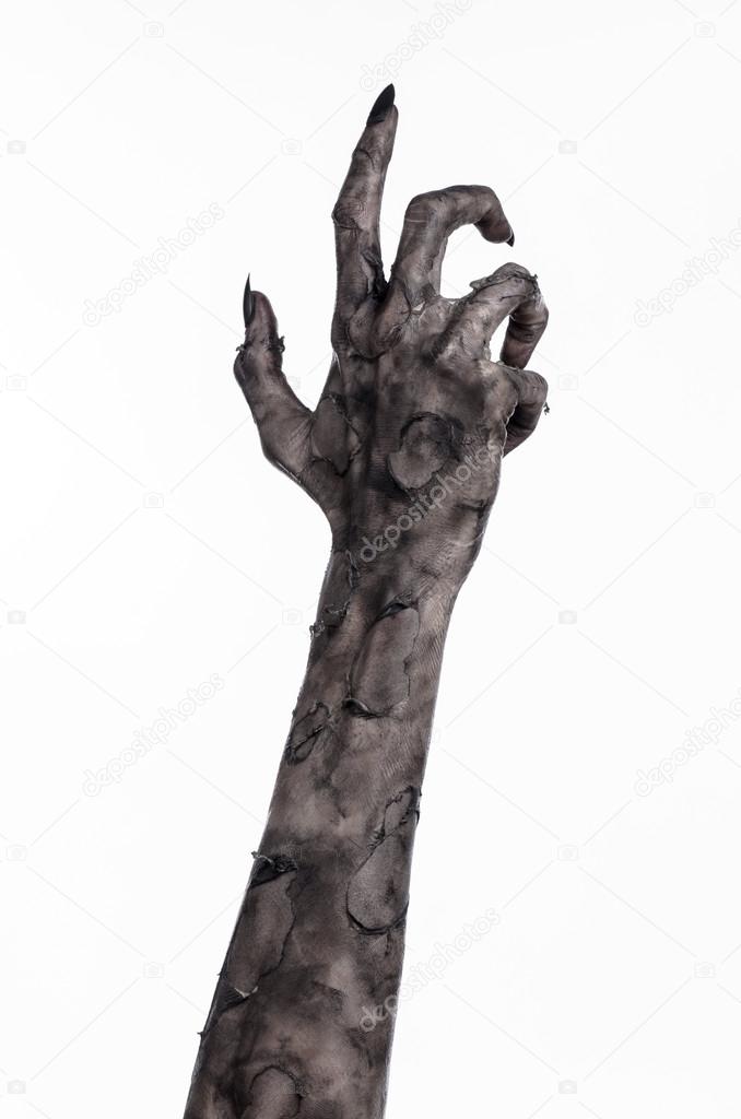 black hand of death, the walking dead, zombie theme, halloween theme, zombie hands, white background, isolated, hand of death, mummy hands, the hands of the devil, black nails, hands monster