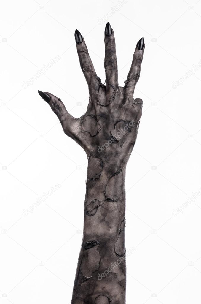 black hand of death, the walking dead, zombie theme, halloween theme, zombie hands, white background, isolated, hand of death, mummy hands, the hands of the devil, black nails, hands monster