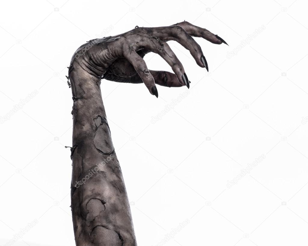 black hand of death, the walking dead, zombie theme, halloween theme, zombie hands, white background, isolated, hand of death, mummy hands, the hands of the devil, black nails, hands monster