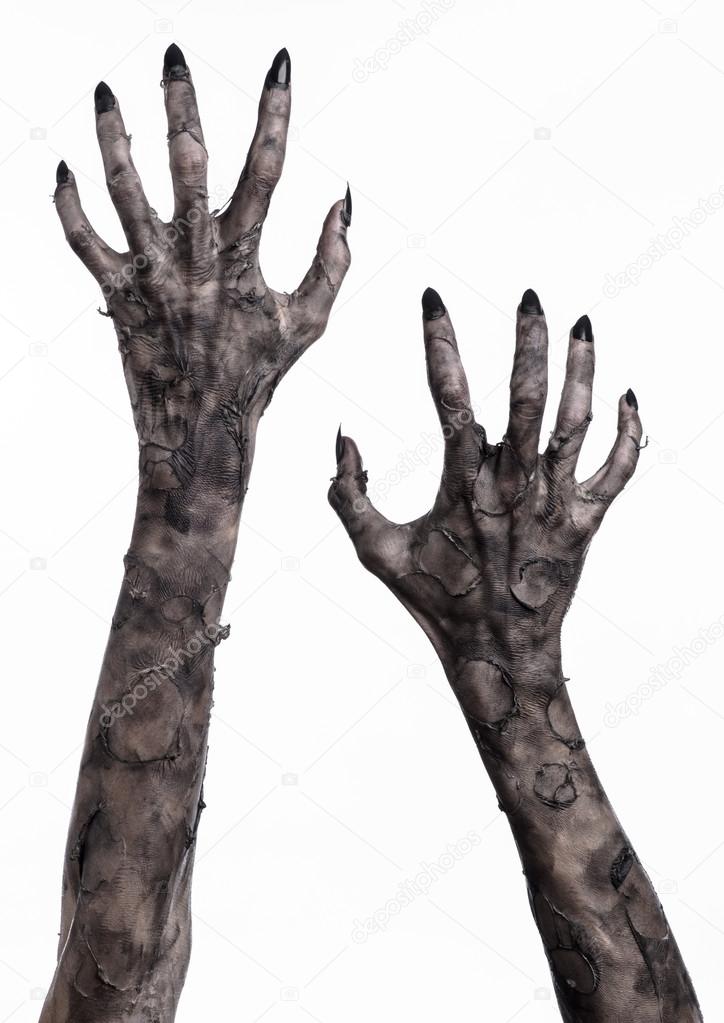 black hand of death, the walking dead, zombie theme, halloween theme, zombie hands, white background, isolated, hand of death, mummy hands, the hands of the devil, black nails, hands monster