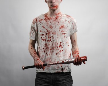 Kanlı Konu: kanlı bir yarasa beyaz bir arka plan üzerinde tutarak Kanlı tişört giyen