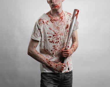Kanlı Konu: kanlı bir yarasa beyaz bir arka plan üzerinde tutarak Kanlı tişört giyen