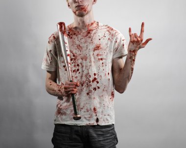 Kanlı Konu: kanlı bir yarasa beyaz bir arka plan üzerinde tutarak Kanlı tişört giyen