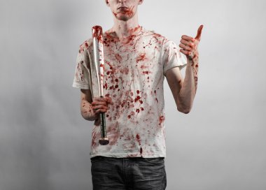 Kanlı Konu: kanlı bir yarasa beyaz bir arka plan üzerinde tutarak Kanlı tişört giyen