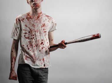 Kanlı Konu: kanlı bir yarasa beyaz bir arka plan üzerinde tutarak Kanlı tişört giyen