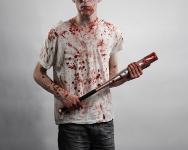 Kanlı Konu: kanlı bir yarasa beyaz bir arka plan üzerinde tutarak Kanlı tişört giyen