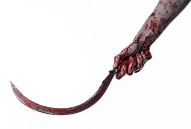 kanlı bir Orak tutan el, orak kanlı, kanlı tırpan, kanlı Tema, halloween Tema, beyaz arka plan, izole, katil, psikopat, eşkıya, kanlı bir bıçak, kanlı eller zombi, acımasızı