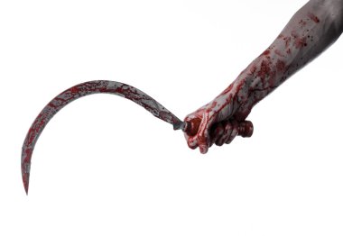 kanlı bir Orak tutan el, orak kanlı, kanlı tırpan, kanlı Tema, halloween Tema, beyaz arka plan, izole, katil, psikopat, eşkıya, kanlı bir bıçak, kanlı eller zombi, acımasızı