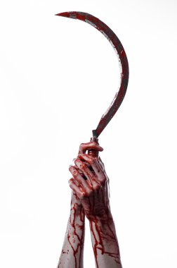 kanlı bir Orak tutan el, orak kanlı, kanlı tırpan, kanlı Tema, halloween Tema, beyaz arka plan, izole, katil, psikopat, eşkıya, kanlı bir bıçak, kanlı eller zombi, acımasızı