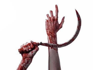 bloody hand holding a sickle, sickle bloody, bloody scythe, bloody theme, halloween theme, white background, isolated, killer, psycho, thug, a bloody knife, bloody hands of zombies, cutthroat clipart