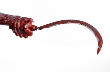 kanlı bir Orak tutan el, orak kanlı, kanlı tırpan, kanlı Tema, halloween Tema, beyaz arka plan, izole, katil, psikopat, eşkıya, kanlı bir bıçak, kanlı eller zombi, acımasızı