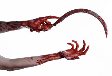kanlı bir Orak tutan el, orak kanlı, kanlı tırpan, kanlı Tema, halloween Tema, beyaz arka plan, izole, katil, psikopat, eşkıya, kanlı bir bıçak, kanlı eller zombi, acımasızı