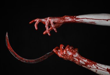 bloody hand holding a sickle, sickle bloody, bloody scythe, bloody theme, halloween theme, black background, isolated, killer, psycho, thug, a bloody knife, bloody hands of zombies, cutthroat