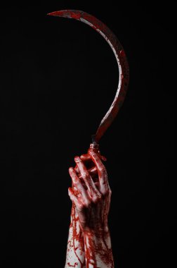 bloody hand holding a sickle, sickle bloody, bloody scythe, bloody theme, halloween theme, black background, isolated, killer, psycho, thug, a bloody knife, bloody hands of zombies, cutthroat clipart