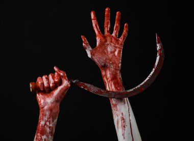 bloody hand holding a sickle, sickle bloody, bloody scythe, bloody theme, halloween theme, black background, isolated, killer, psycho, thug, a bloody knife, bloody hands of zombies, cutthroat clipart