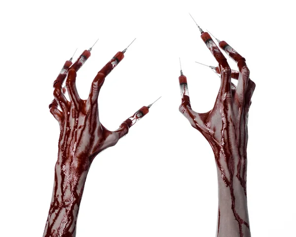 Bloody hand with syringe on the fingers, toes syringes, hand syringes, horrible bloody hand, halloween theme, zombie doctor, white background, isolated — Stock Photo, Image