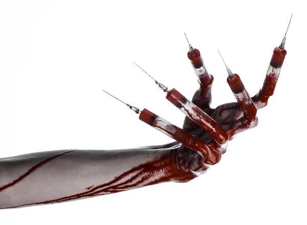 Bloody hand with syringe on the fingers, toes syringes, hand syringes, horrible bloody hand, halloween theme, zombie doctor, white background, isolated — Stock Photo, Image