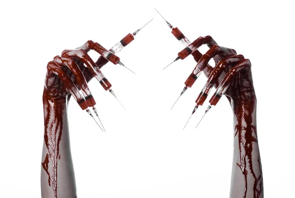 Bloody hand with syringe on the fingers, toes syringes, hand syringes, horrible bloody hand, halloween theme, zombie doctor, white background, isolated — Stock Photo, Image